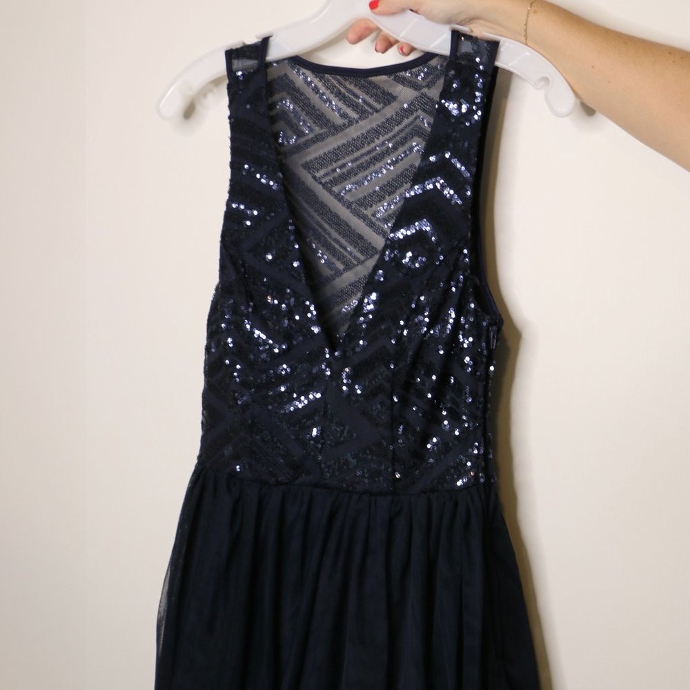 Davids Bridal Trixxi Navy Blue Sequin Deep V Party Dress